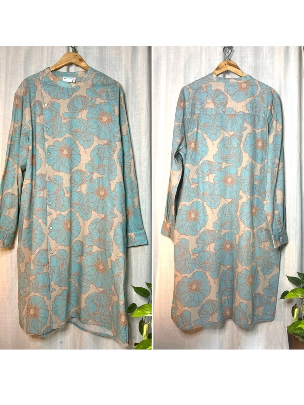 ASOS Linen Blend Long Sleeve Shirt Tunic Dress Blue Peach Floral 3XL